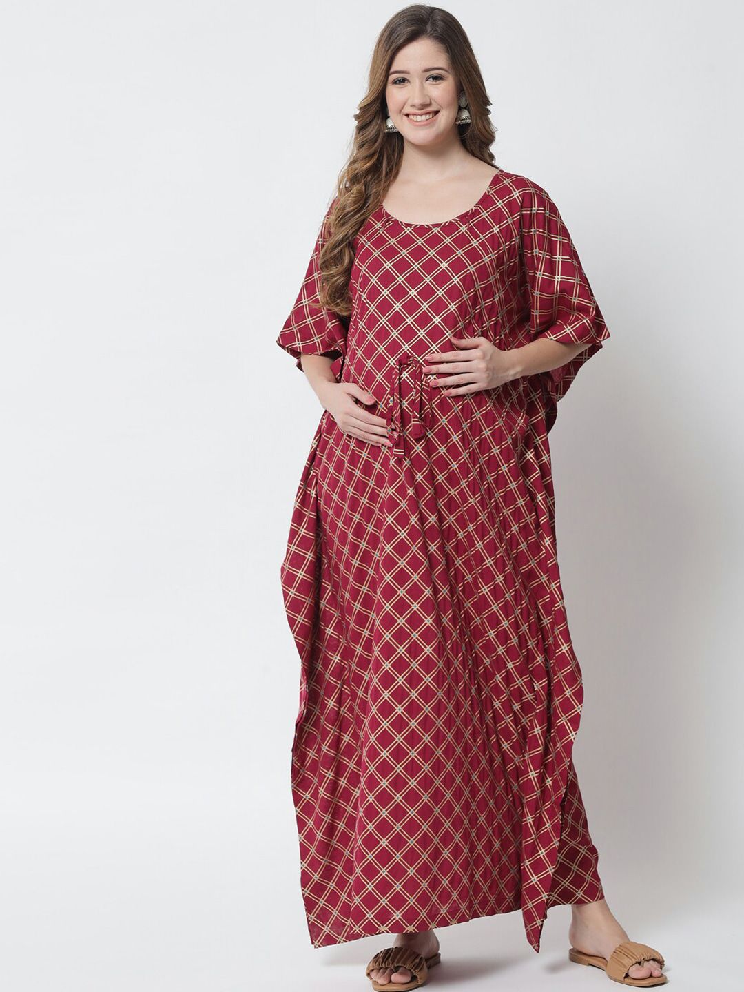 Aujjessa Maroon & Golden Foil Printed Maternity Kaftan Maxi Dress Price in India