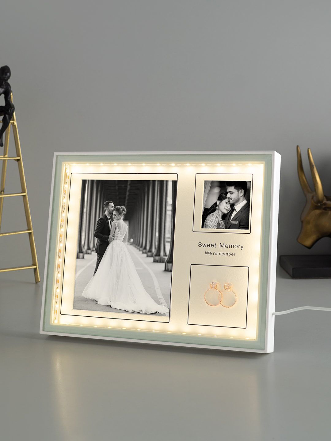 Golden Peacock 2 In 1 White Rectangular LED Table-Top Photo Frame Price in India