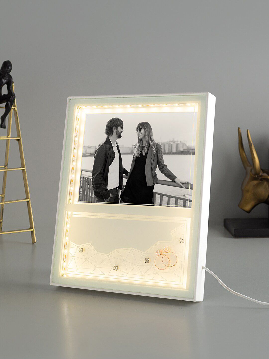 Golden Peacock White Solid Rectangular LED Table-Top Photo Frame Price in India