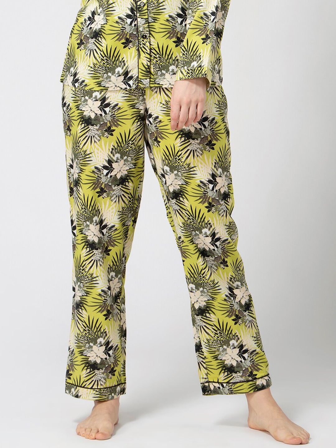 Not Just Pyjamas Women Green Tropical Printed Lounge Pants Price in India