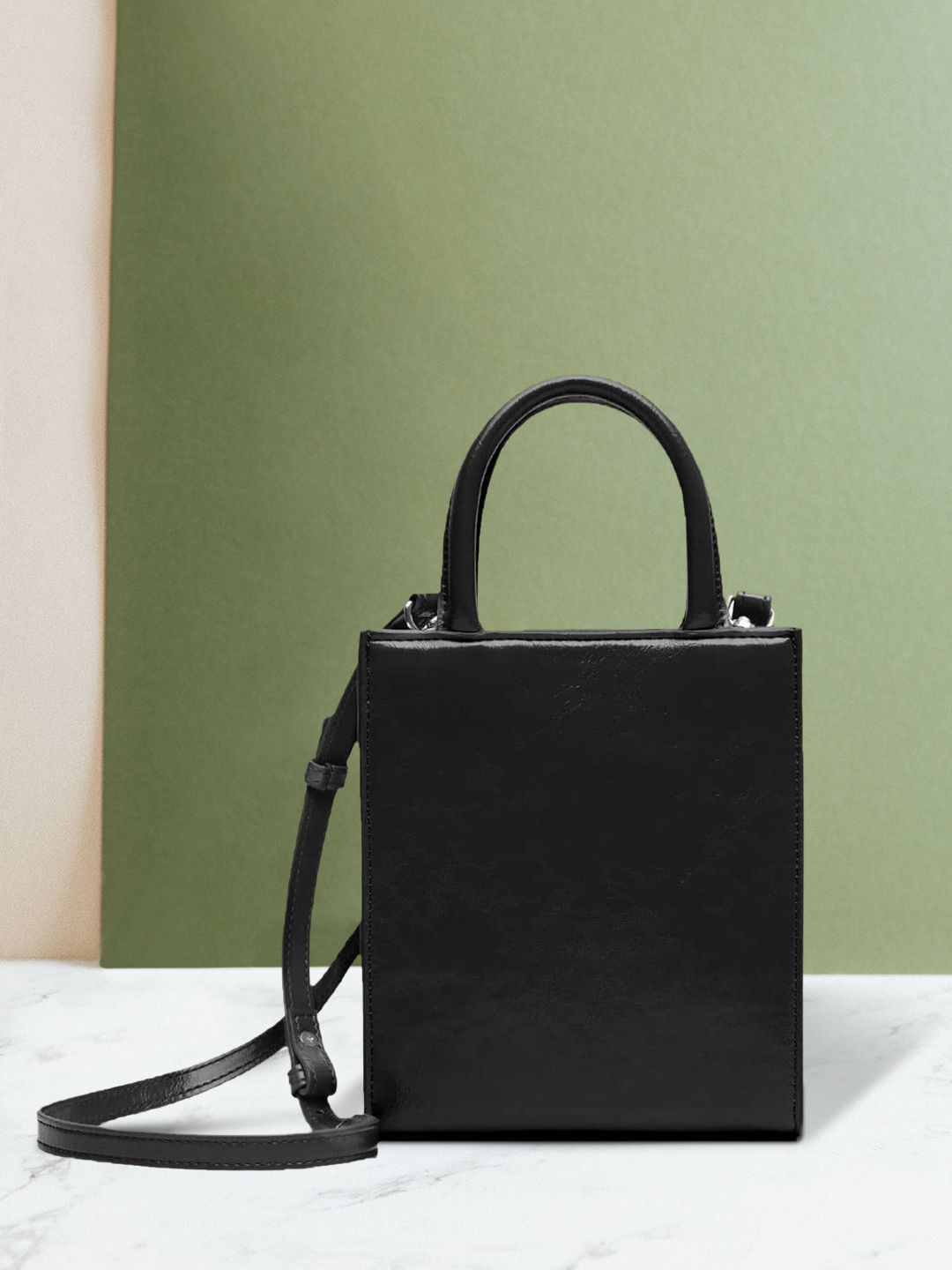 MANGO Black Solid Structured Handheld Bag with Detachable Sling Strap Price in India