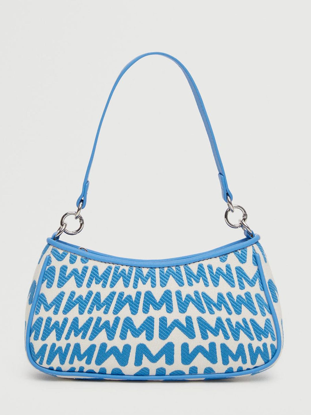 MANGO Off White & Blue Brand Logo Embroidered Structured Baguette Shoulder Bag Price in India