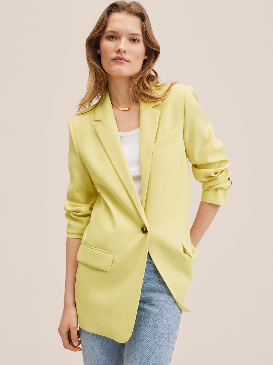 MANGO Women Yellow Single-Breasted Solid Long Design Blazer Price in India