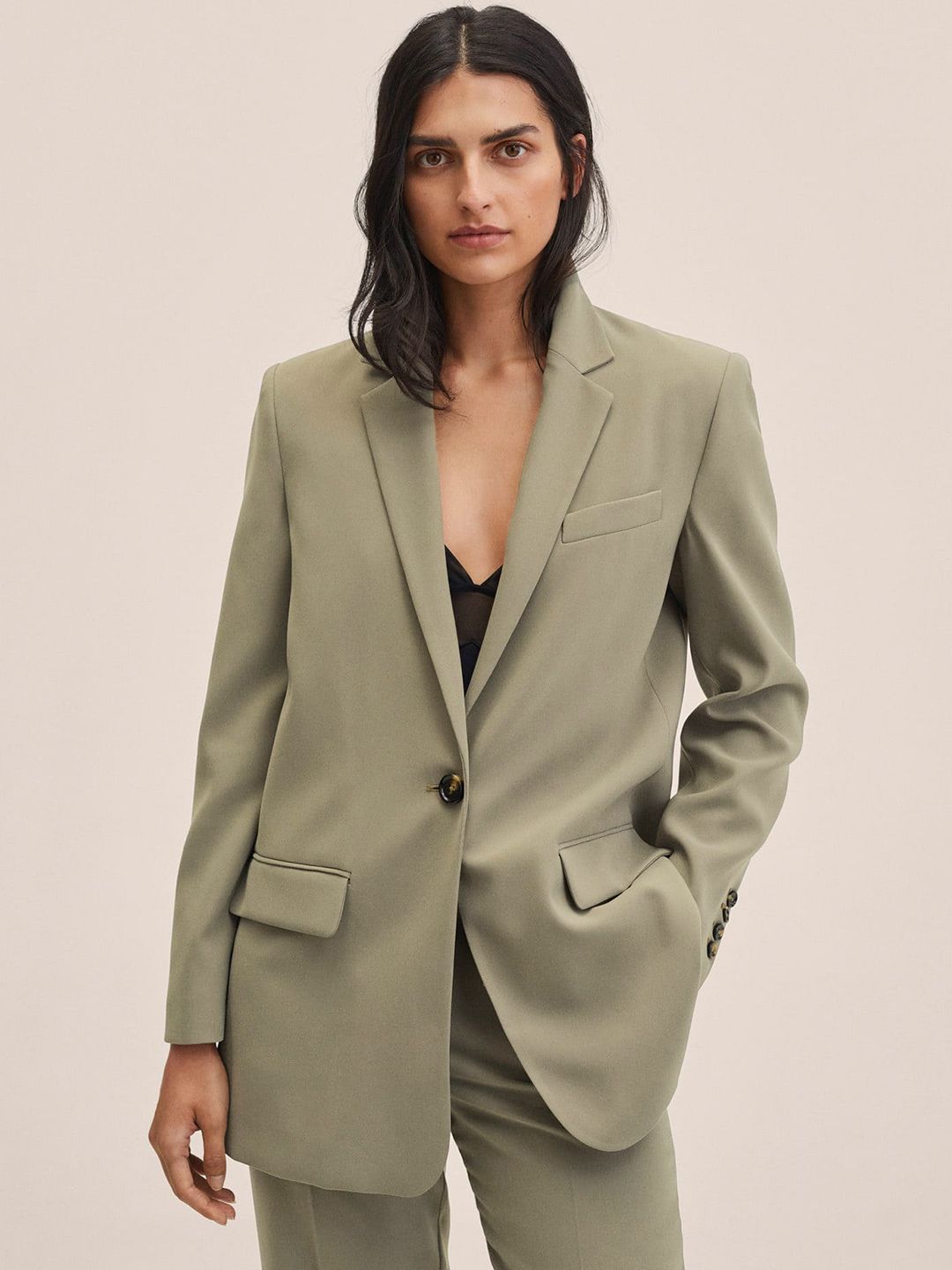 MANGO Women Olive Green Solid Long Design Oversized Blazer Price in India