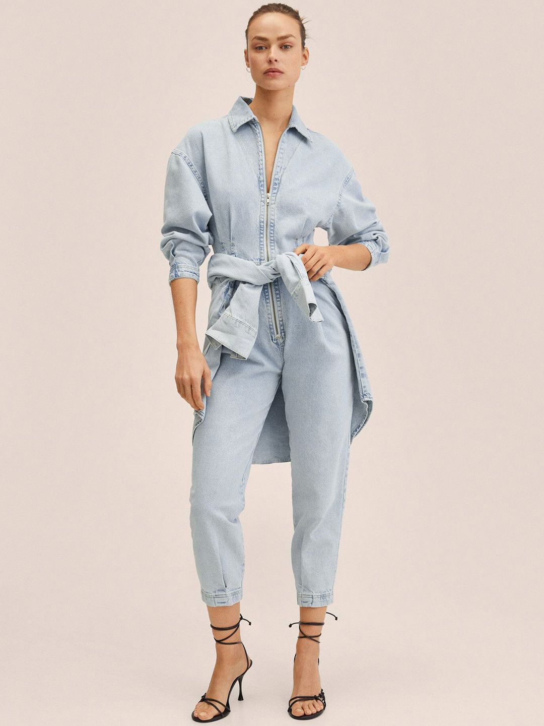 MANGO Blue Solid Denim Basic Jumpsuit Price in India