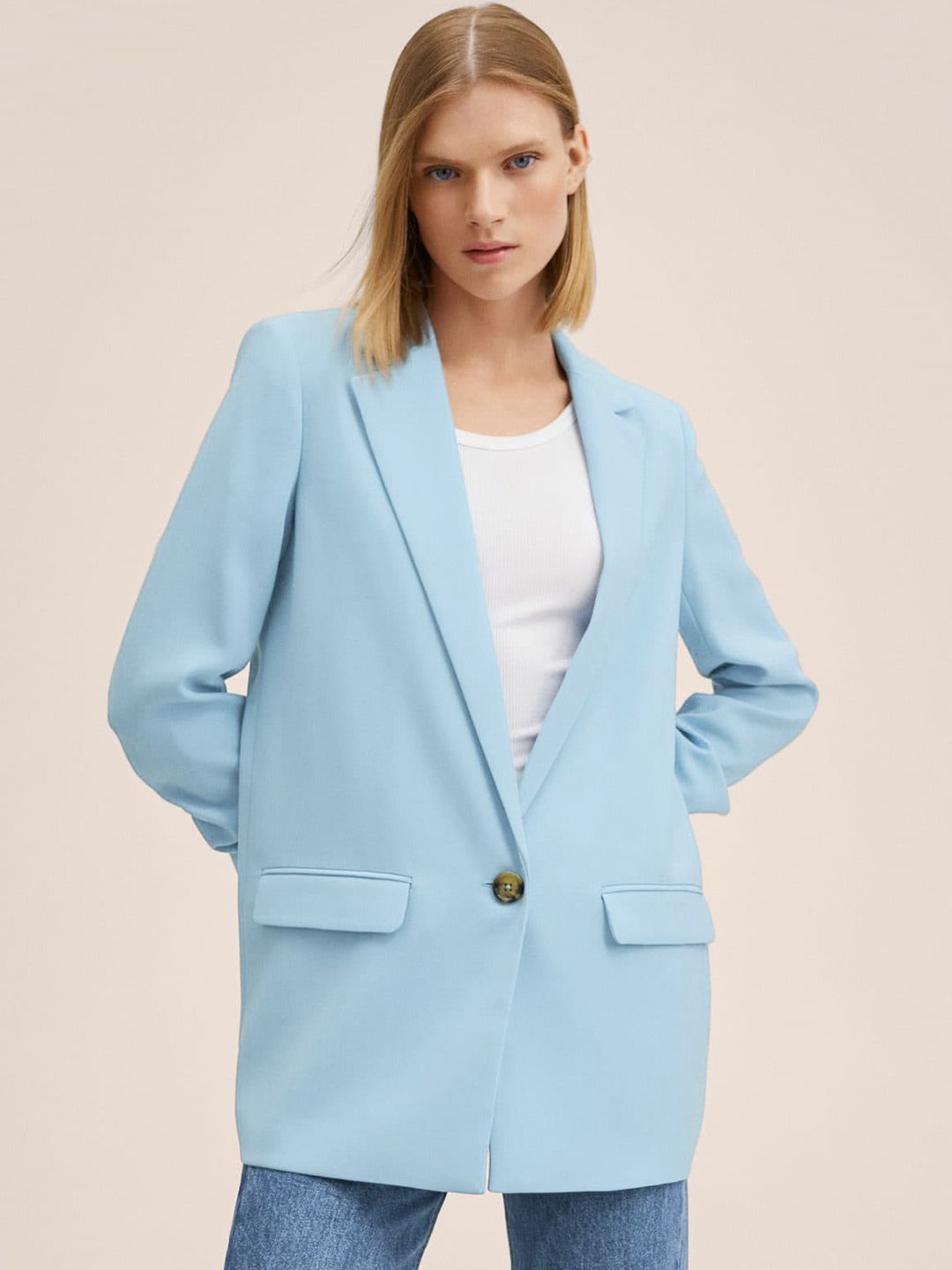 MANGO Women Blue Solid Single-Breasted Oversized Blazer Price in India