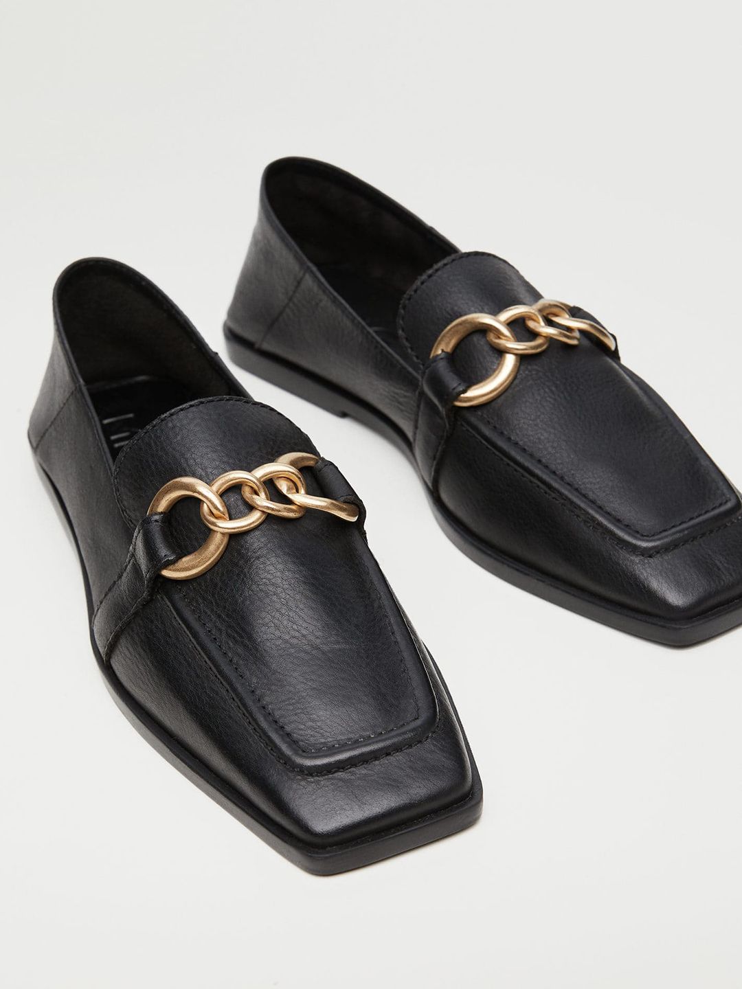 MANGO Women Black Solid Leather Loafers Price in India