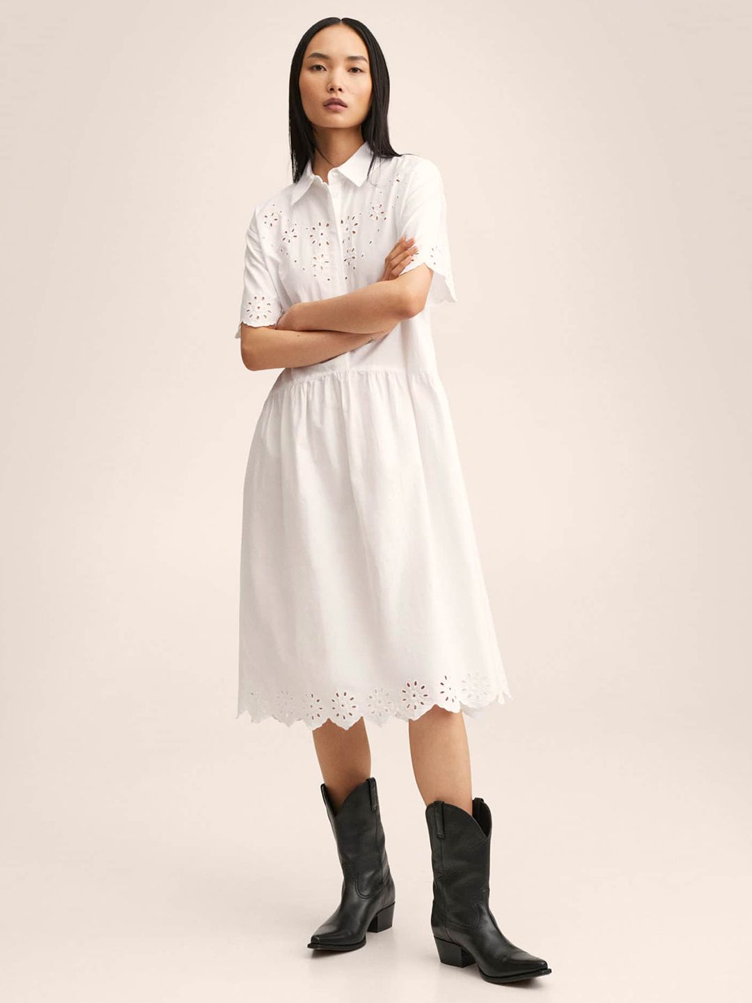 MANGO Women White Schiffli Design Scalloped Hem Pure Cotton Midi Shirt Style Dress Price in India