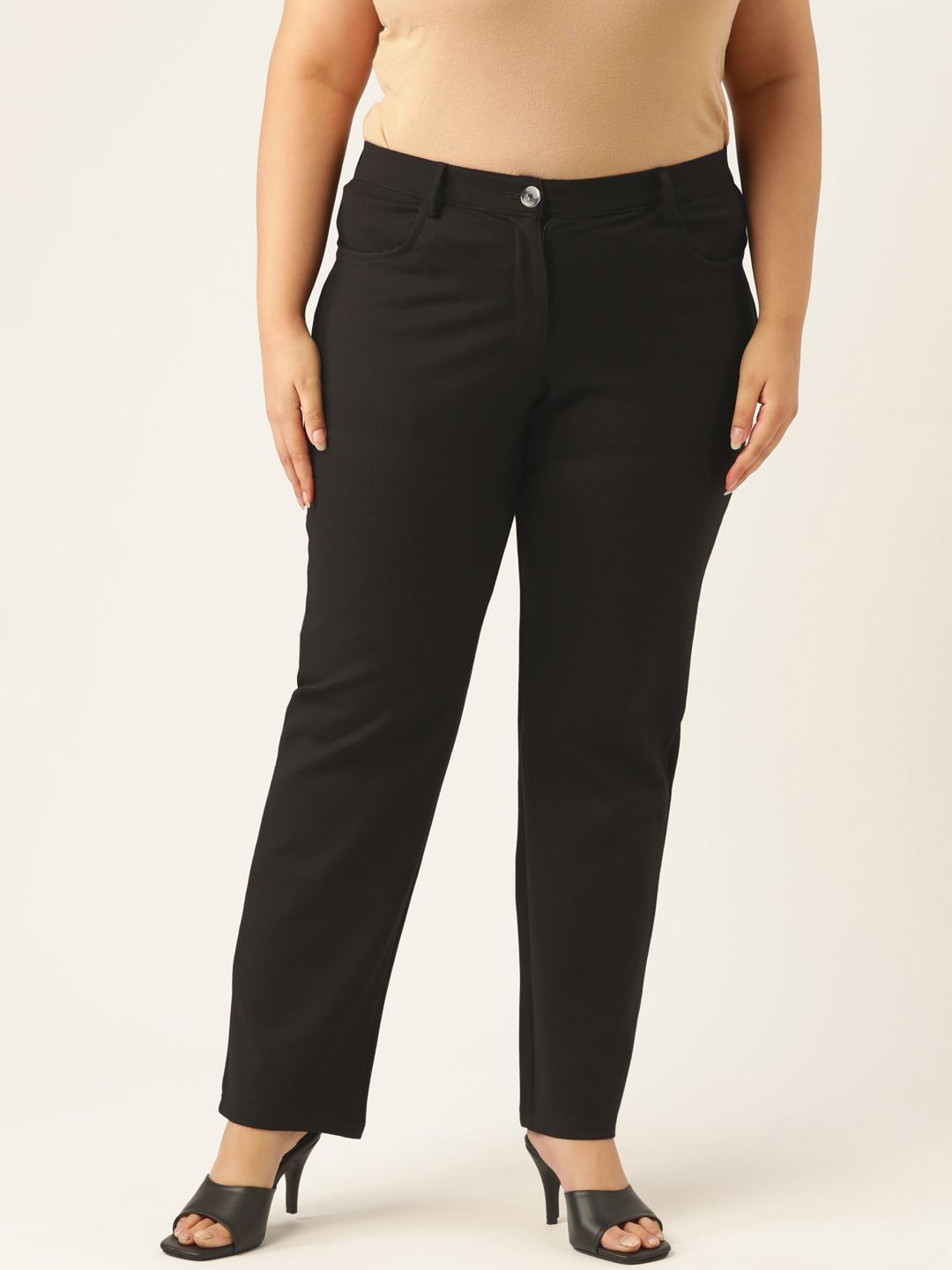 Revolution Women Plus Size Black Straight Fit High-Rise Trousers Price in India