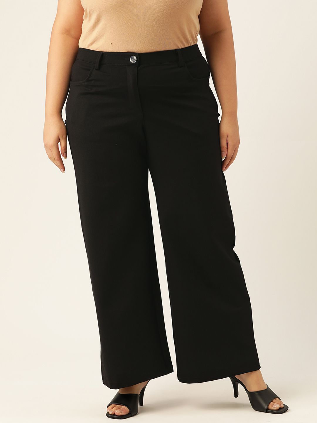 Revolution Plus Size Women Black Smart Flared High-Rise Easy Wash Trousers Price in India