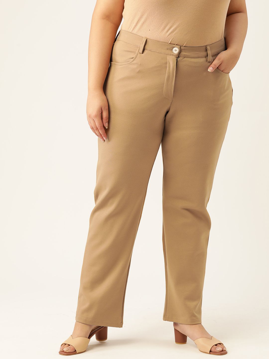 Revolution Women Khaki Solid Smart Straight Fit High-Rise Trousers Price in India