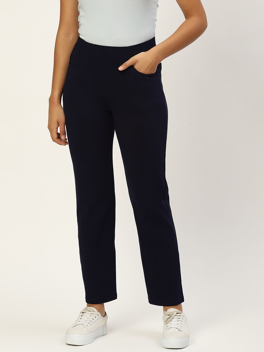 BRINNS Women Navy Blue Smart Trousers Price in India