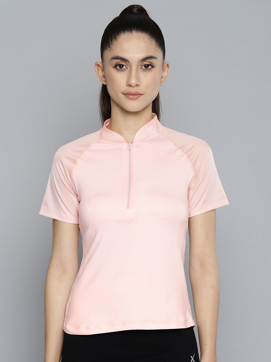 Fitkin Women Pink Solid Mandarin Collar Raglan Sleeves T-shirt Price in India