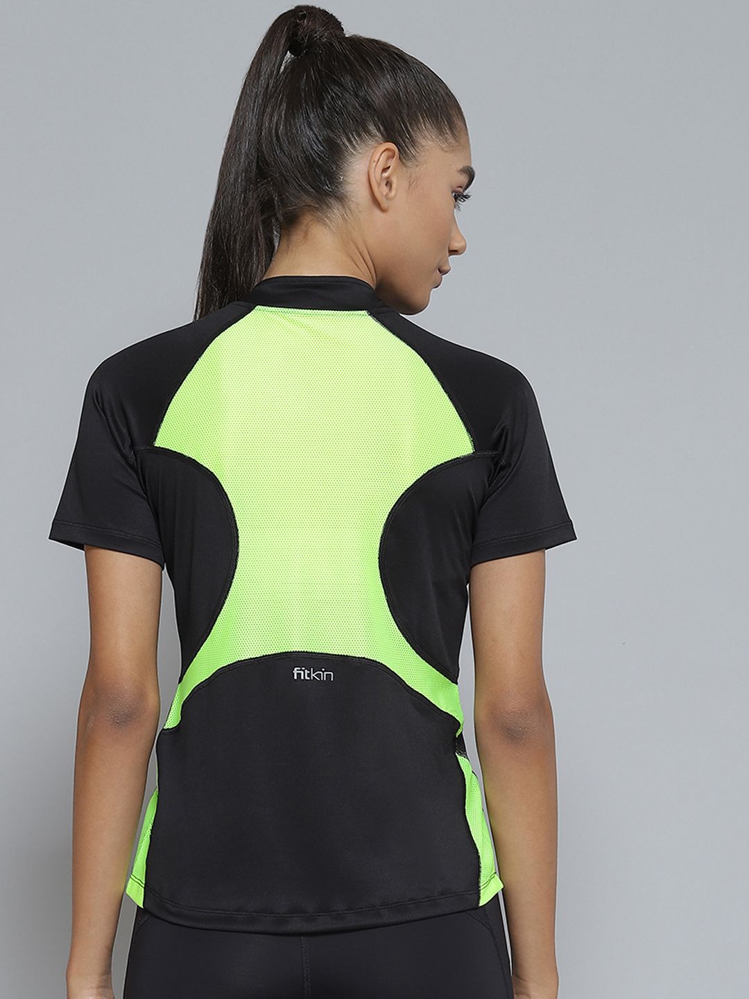 Fitkin Women Black & Fluorescent Green Colourblocked Henley Neck T-shirt Price in India