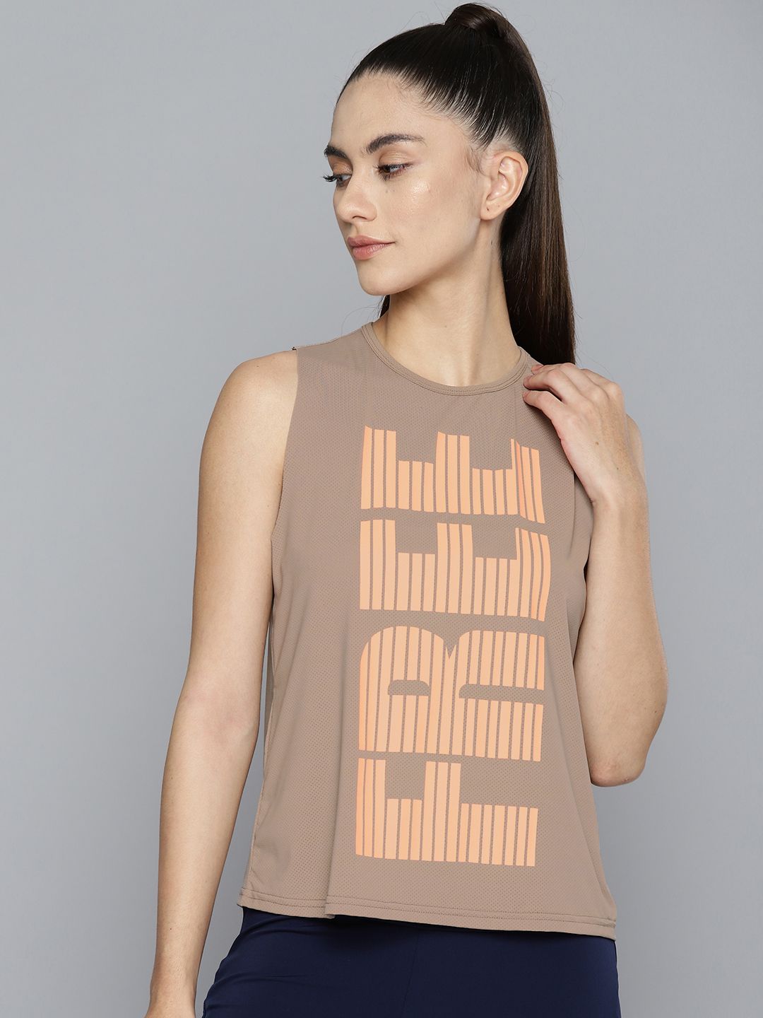 Fitkin Women Taupe Typography Printed Loose Sports T-shirt Price in India