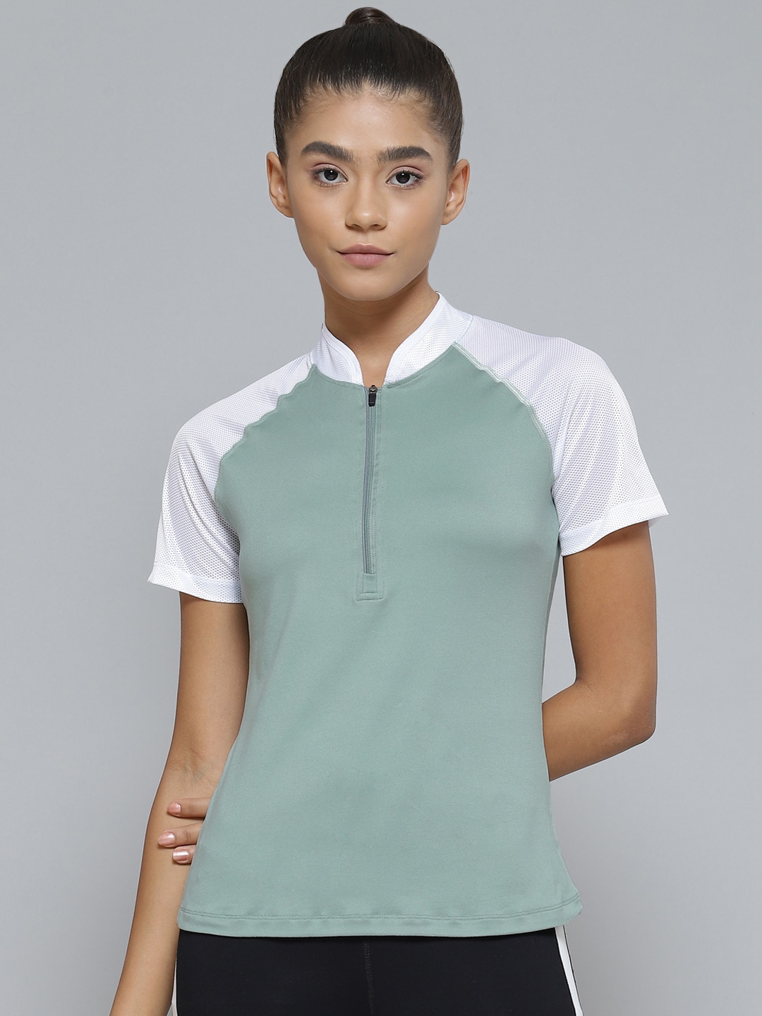 Fitkin Women Green & White Colourblocked Mandarin Collar Sports T