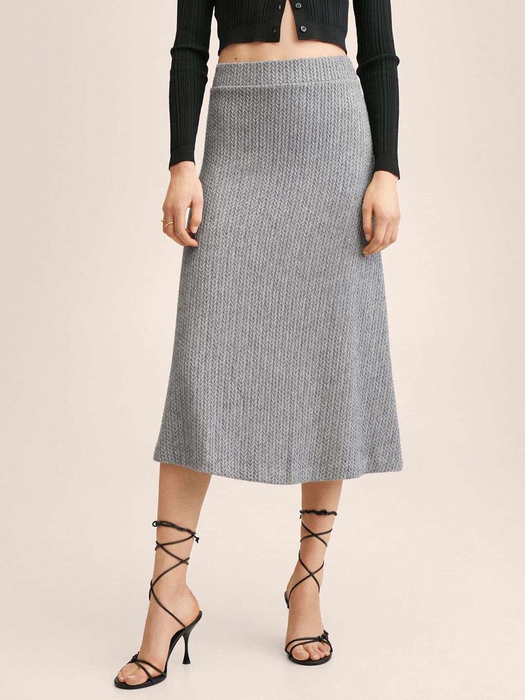 MANGO Women Grey Melange Knitted Midi A-Line Skirt Price in India