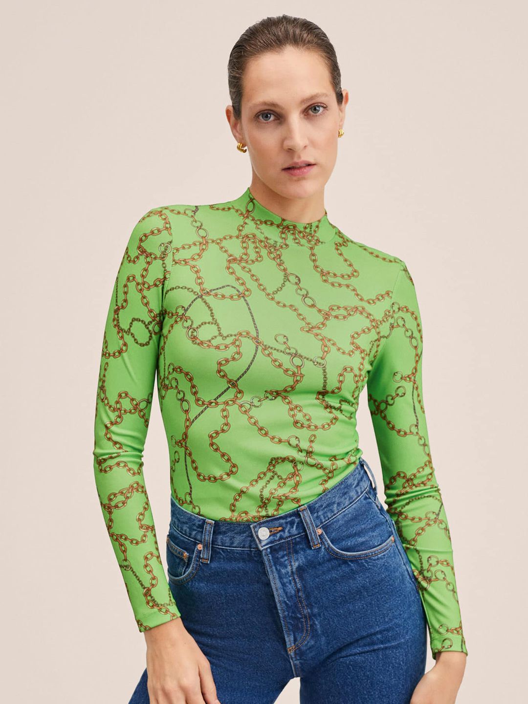 MANGO Green & Brown Conversational Print Top
