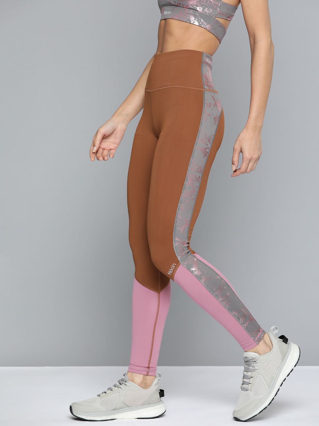 Fitkin Women Brown & Pink Colourblocked Tights Price in India