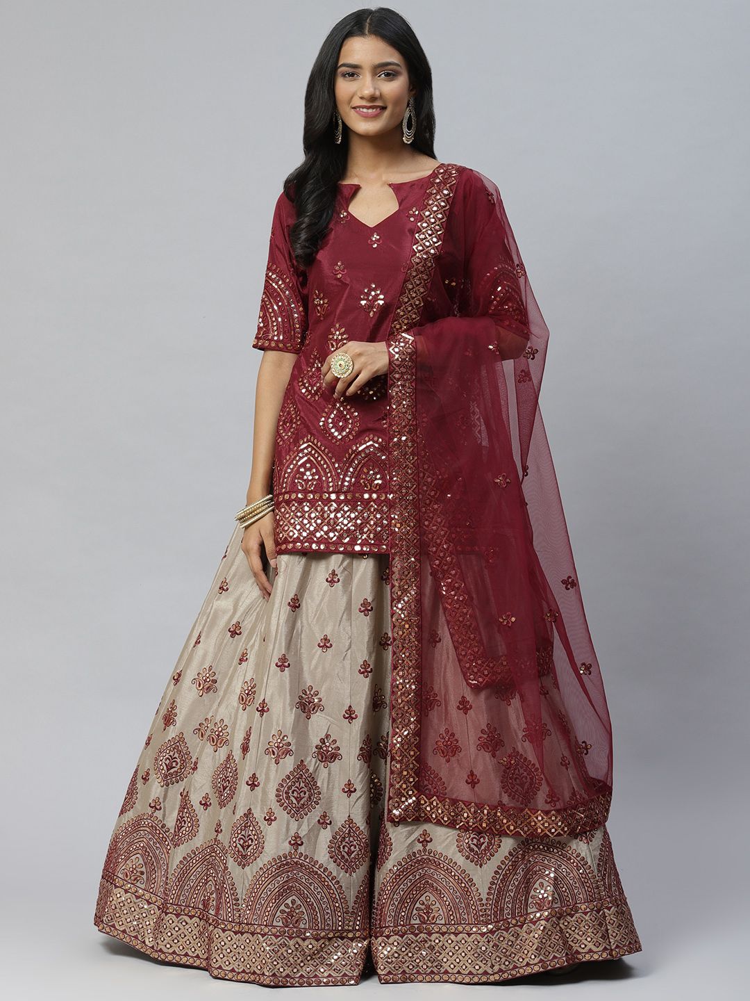 SHUBHKALA Beige & Maroon Embroidered Thread Work Semi-Stitched Lehenga & Unstitched Blouse With Dupatta Price in India