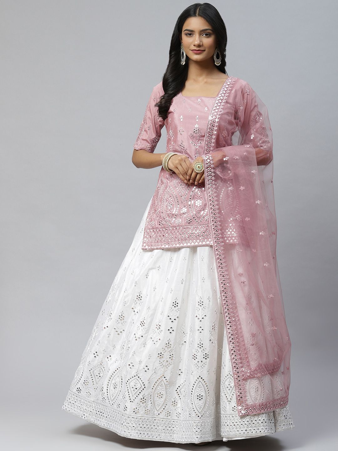 SHUBHKALA White & Pink Embroidered Mirror Work Semi-Stitched Lehenga & Unstitched Blouse With Dupatta Price in India