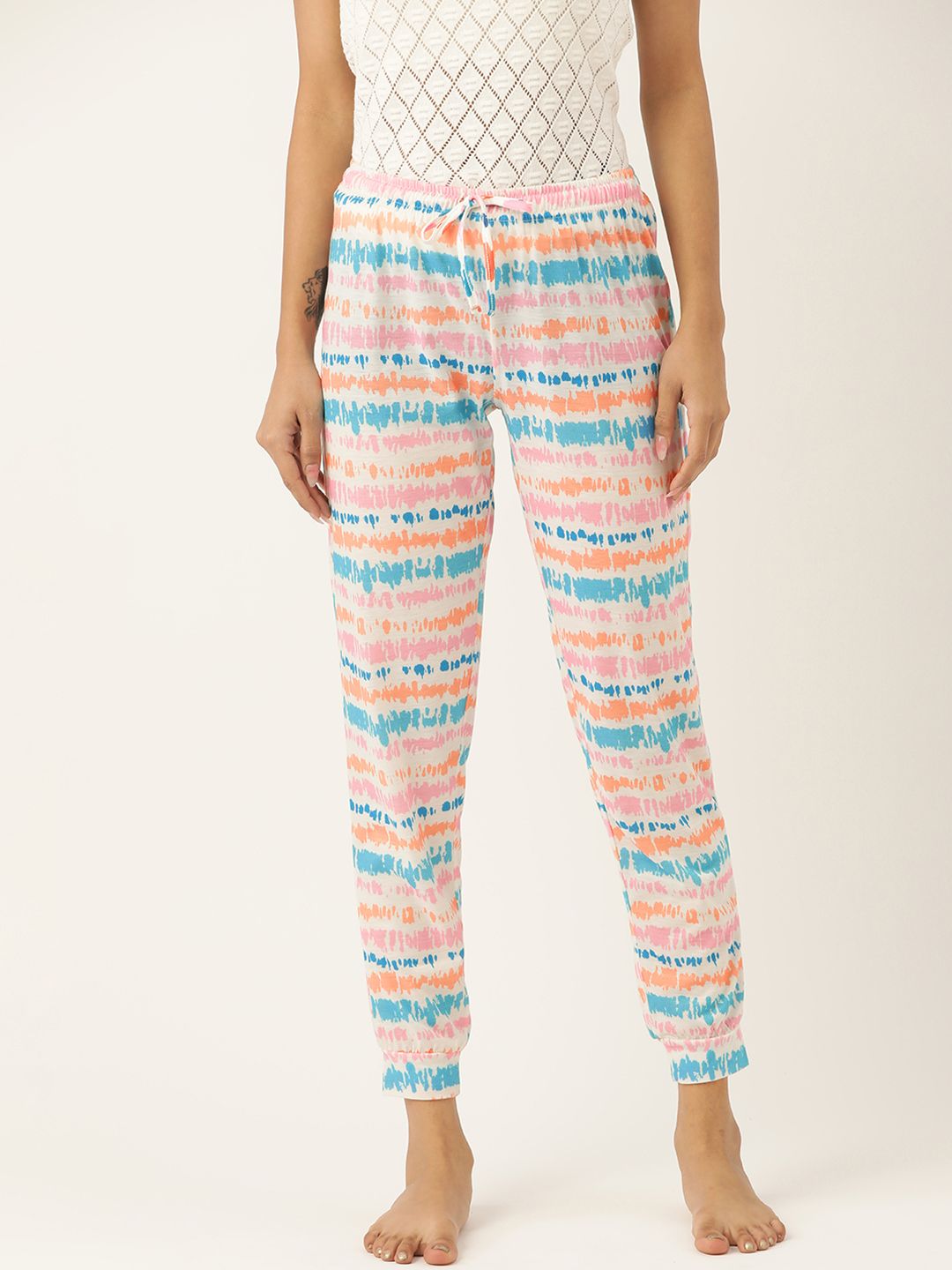 ETC Women White & Blue Printed Joggers Price in India