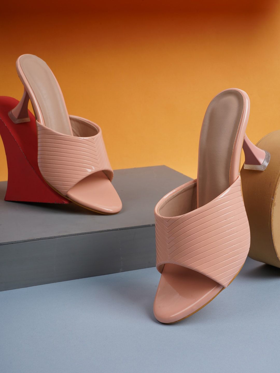 Walkfree Women Peach-Coloured Textured Block Heels Peep Toes Price in India