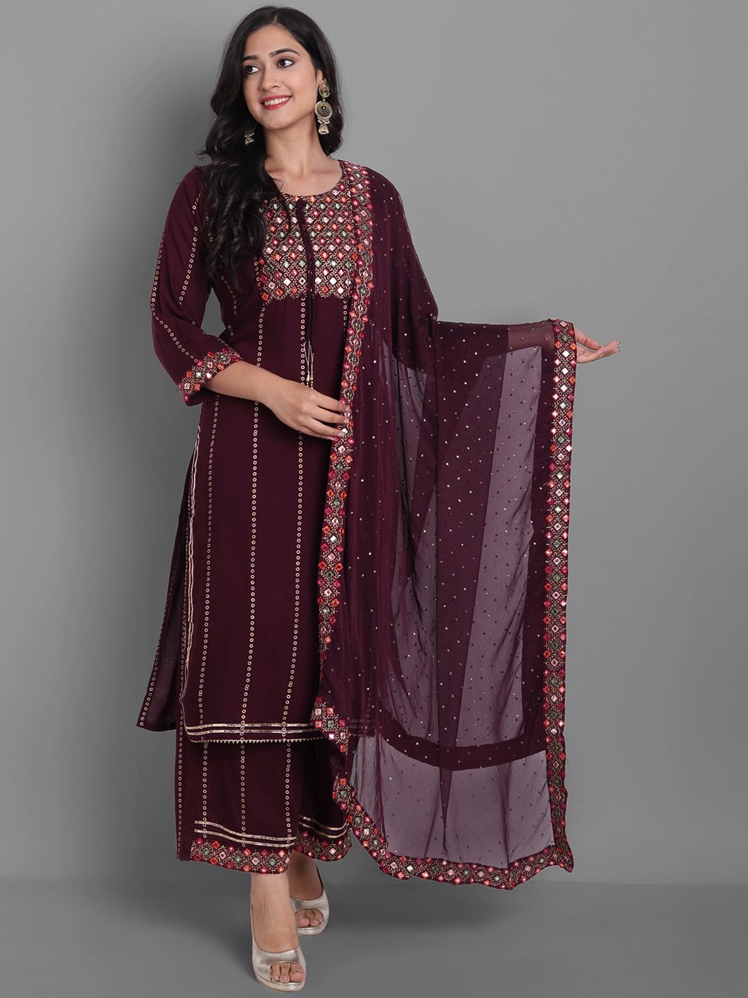 Ziva Fashion Women Maroon Ethnic Motifs Embroidered Panelled Kurta with Palazzo & Dupatta Price in India