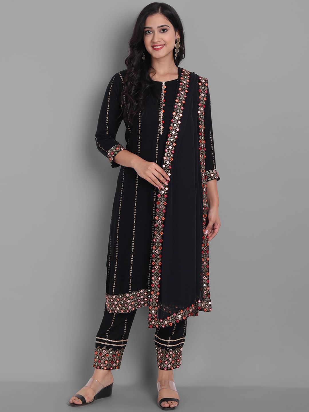 Ziva Fashion Women Black Printed Mirror Work Kurta with Trousers & With Dupatta Price in India