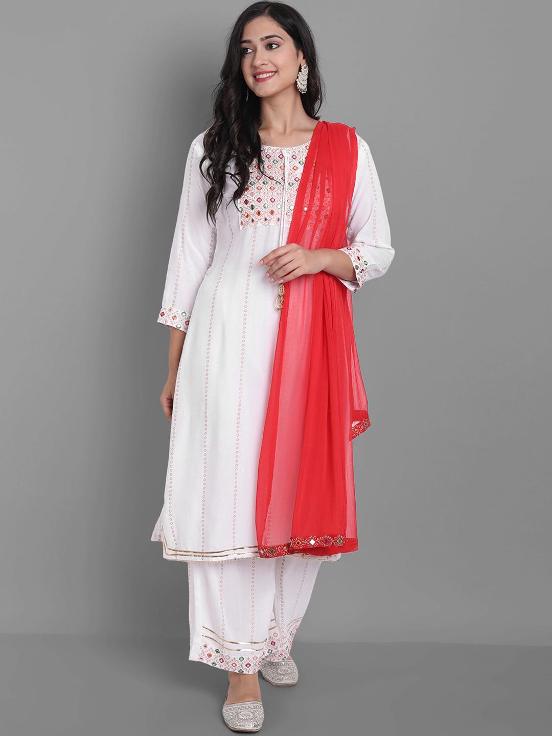 Ziva Fashion Women White Embroidered Panelled Kurti with Palazzos & With Dupatta Price in India