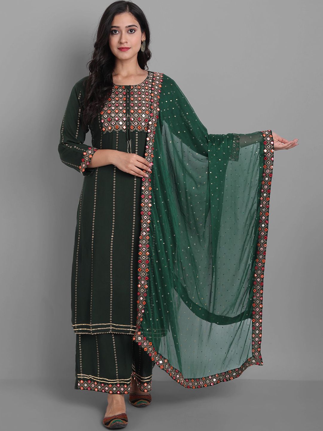 Ziva Fashion Women Green Embroidered Mirror Work Kurta with Palazzo & Dupatta Price in India