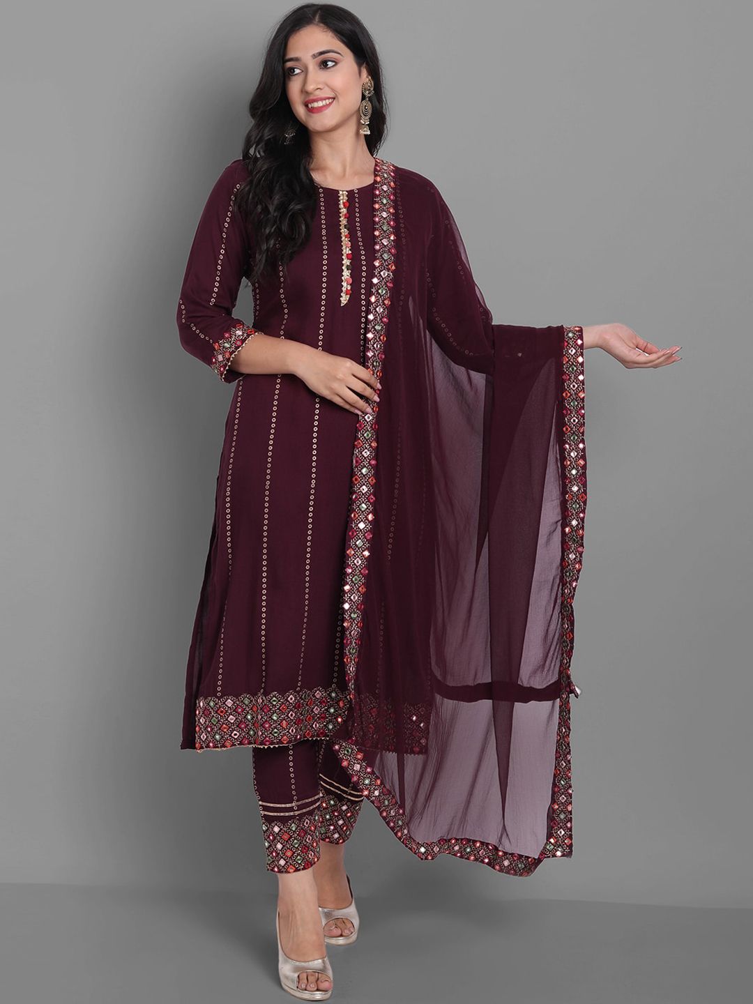 Ziva Fashion Women Maroon Embroidered Kurta with Palazzo & Dupatta Price in India