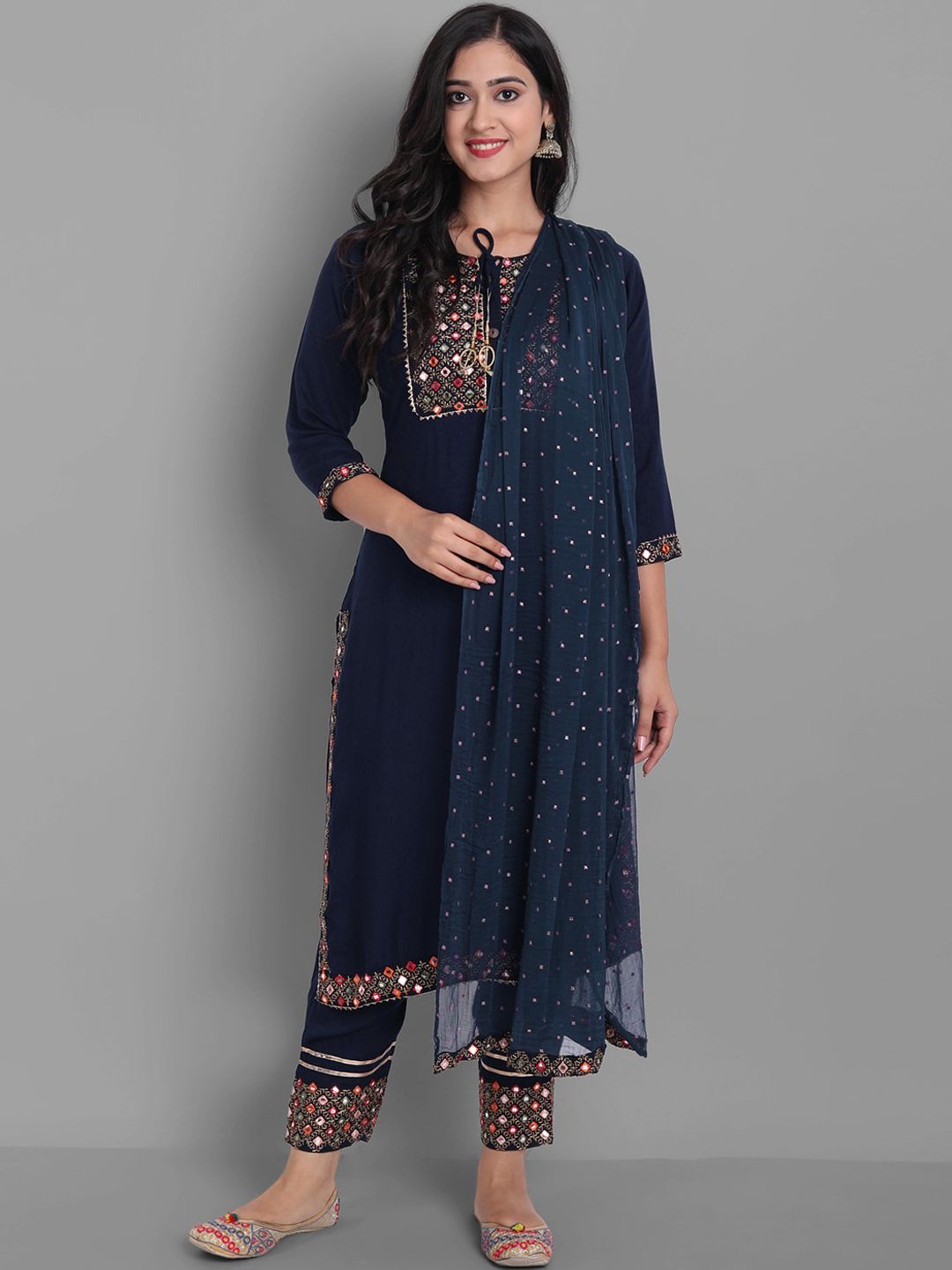 Ziva Fashion Women Navy Blue Ethnic Motifs Kurta with Trousers & With Dupatta Price in India