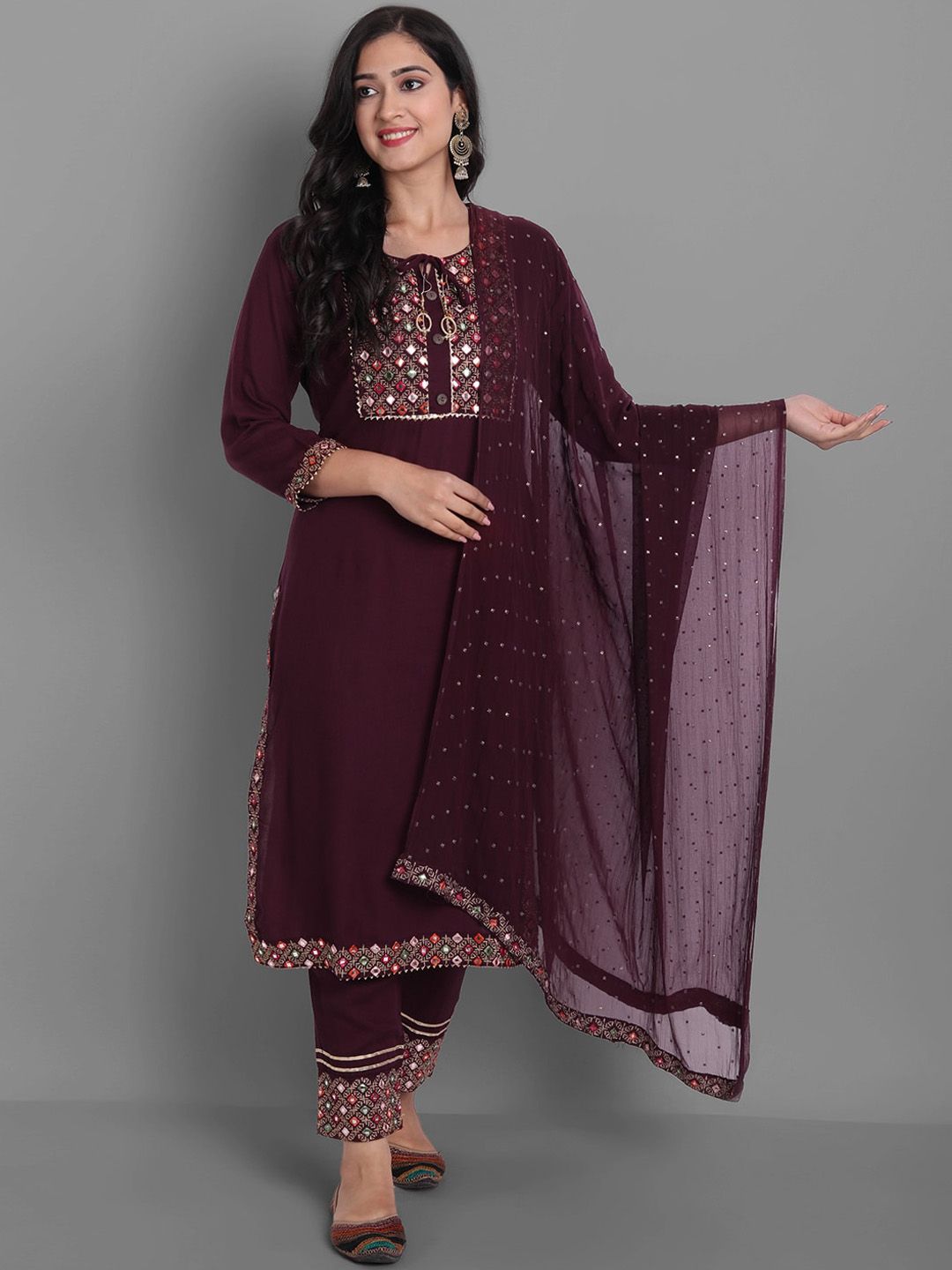 Ziva Fashion Women Maroon Ethnic Motifs Yoke Design Mirror Work Kurta with Trousers & With Dupatta Price in India