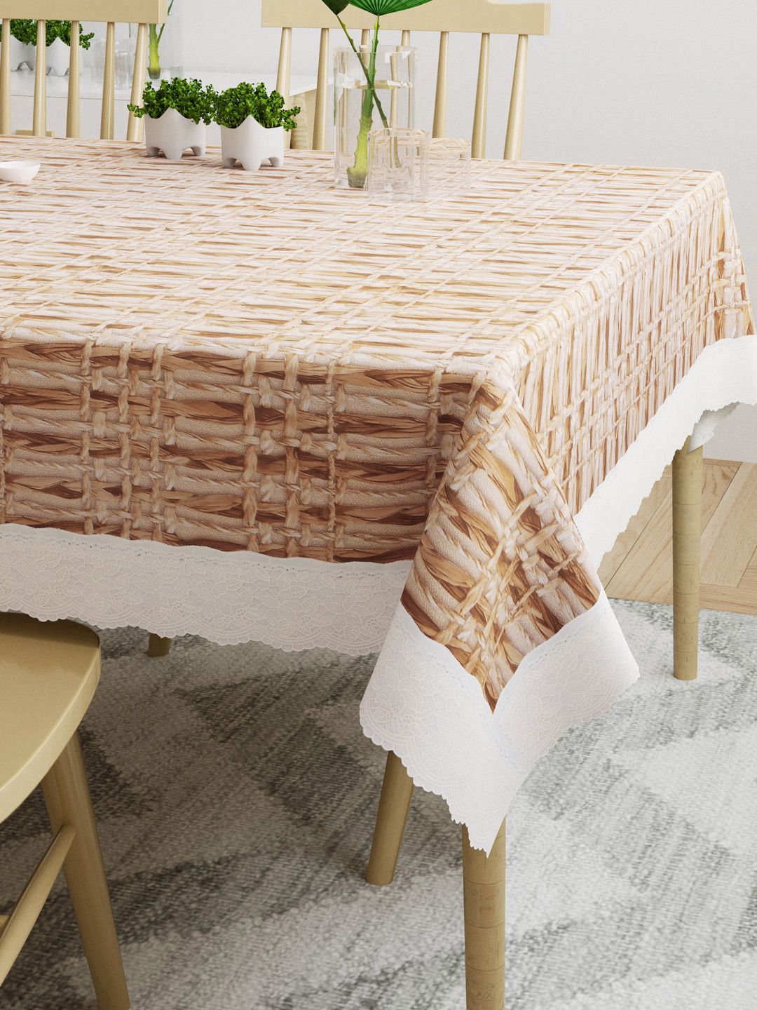 DREAM WEAVERZ Beige & White Printed Rectangle 4 Seater Dining Table Cover Price in India