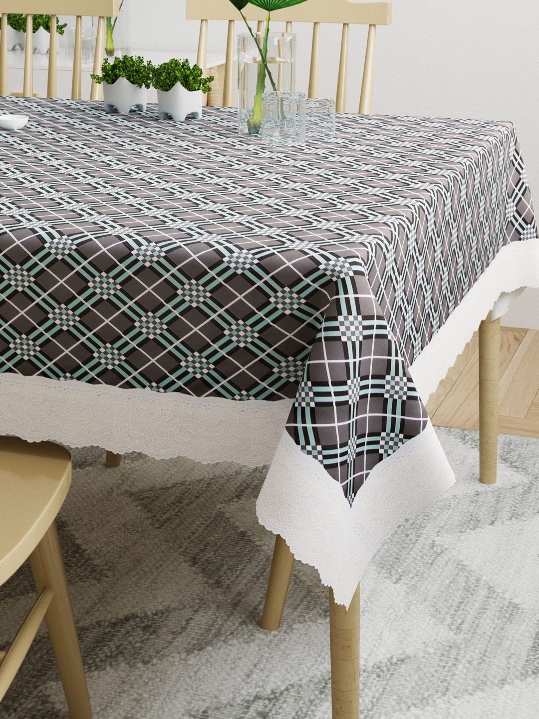 DREAM WEAVERZ Grey & Turquoise Blue 4 Seater Checked Rectangle Dining Table Cover Price in India