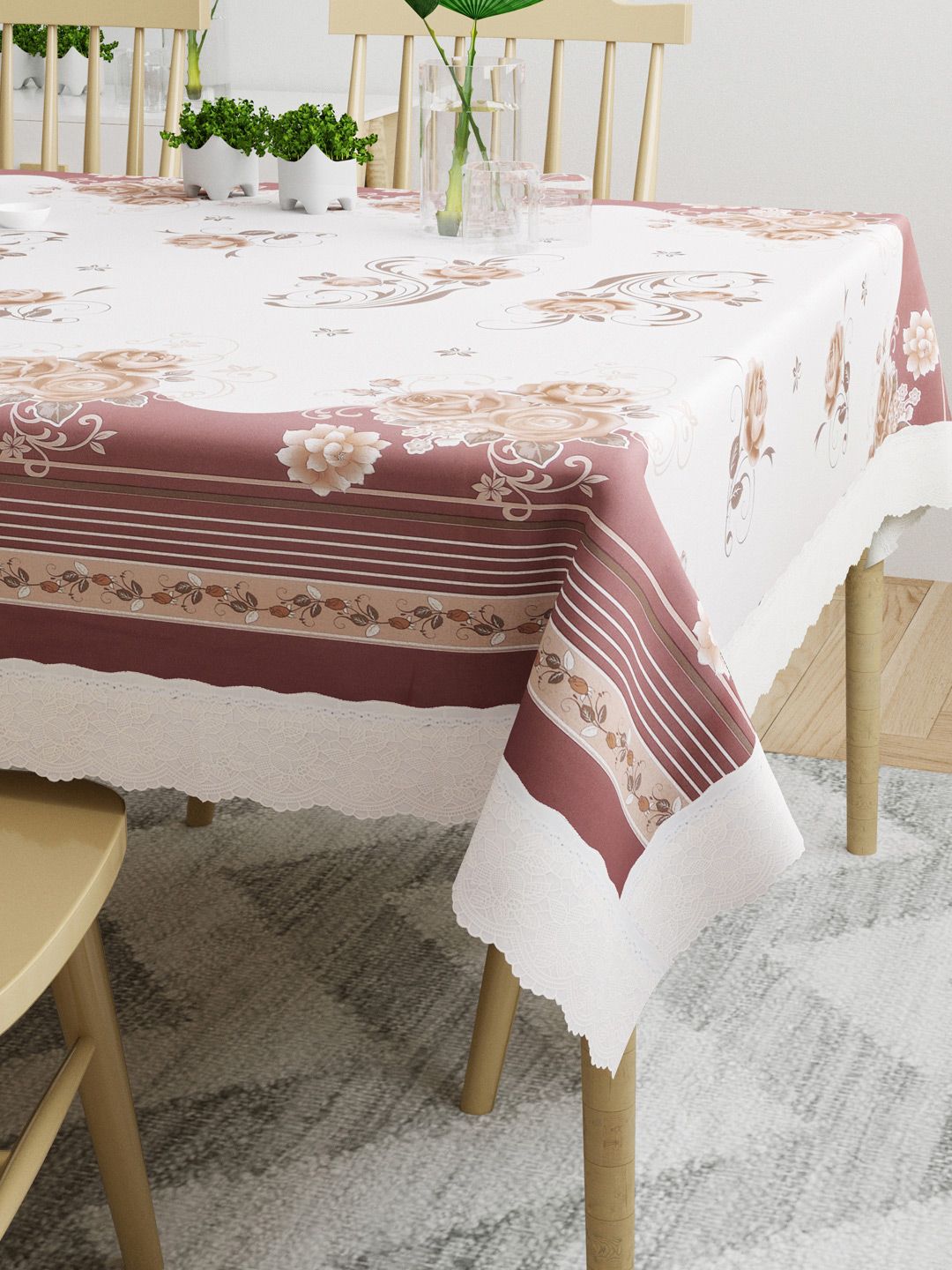 DREAM WEAVERZ White & Marooon Floral Printed 4-Seater Table Cover Price in India