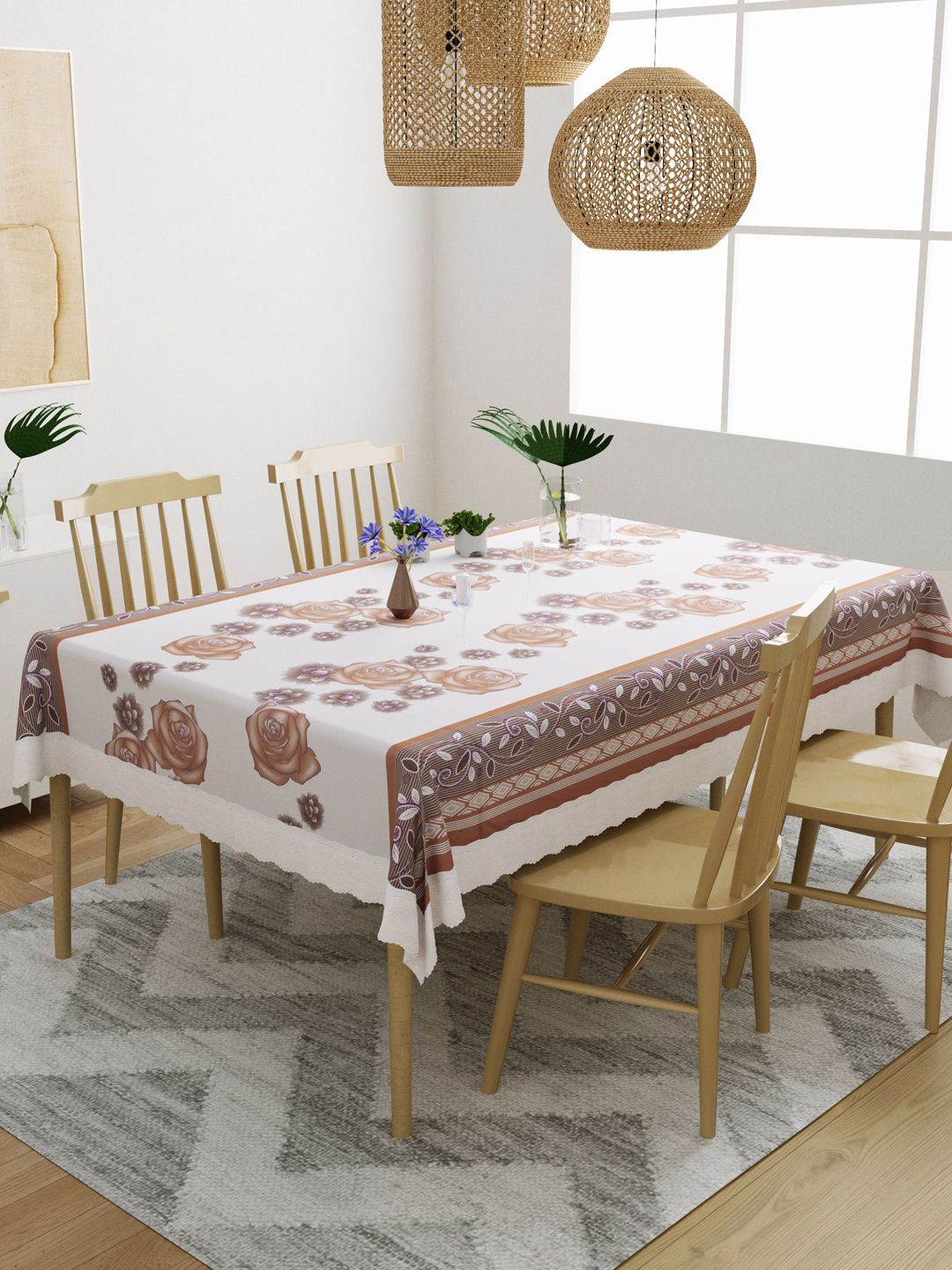 DREAM WEAVERZ White & Rust Peach Floral Printed 4 Seater Dining Table Cover Price in India