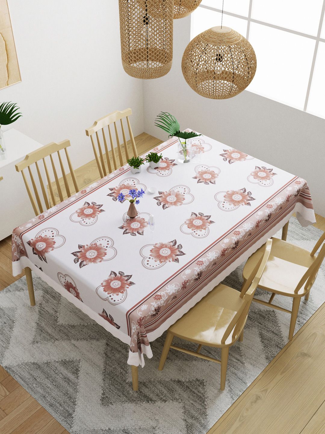 DREAM WEAVERZ White & Brown Printed 4 Seater Table Cover Price in India