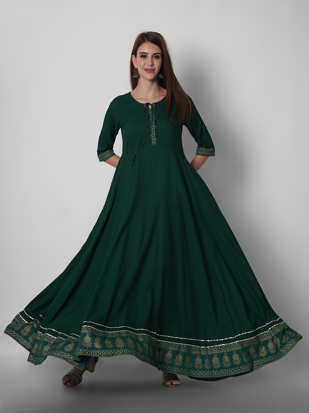 Sanganeri Kurti Women Green Solid Anarkali Kurta Price in India