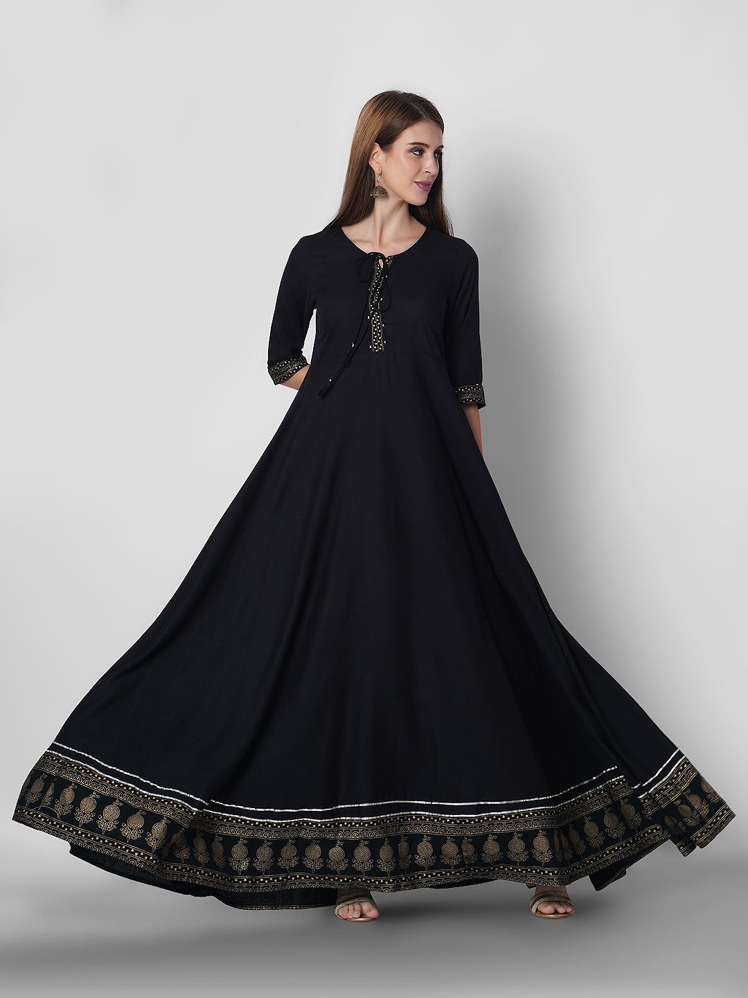 Sanganeri Kurti Women Black Yoke Design Keyhole Neck Gotta Patti Handloom Anarkali Kurta Price in India