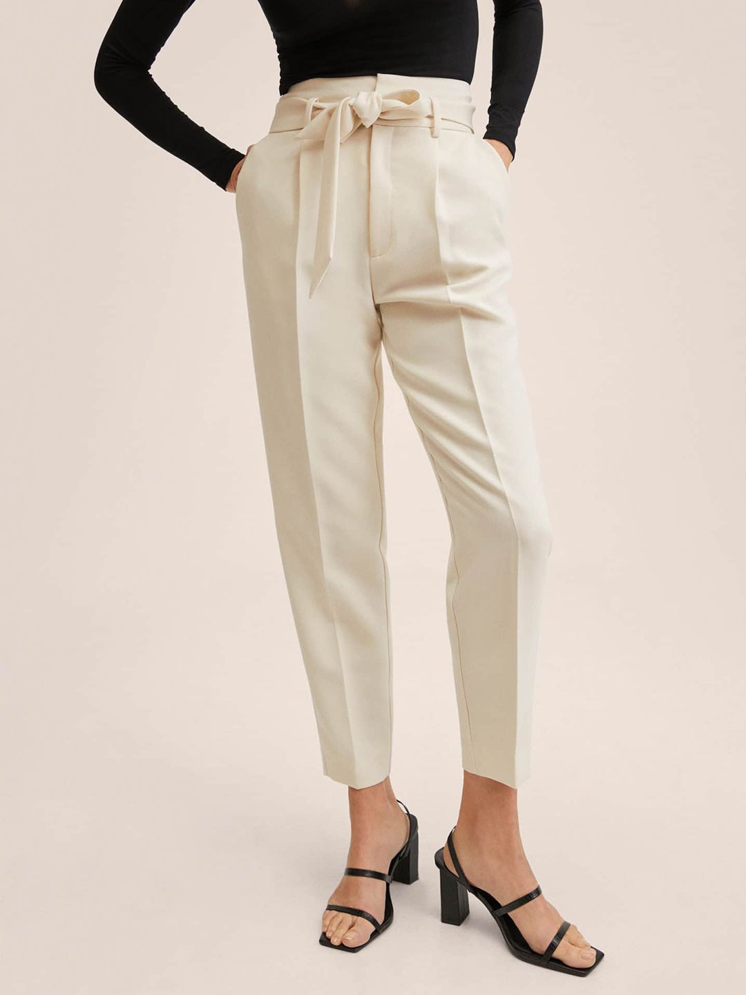 MANGO Women Cream-Coloured Straight Fit Pleated Trousers Price in India