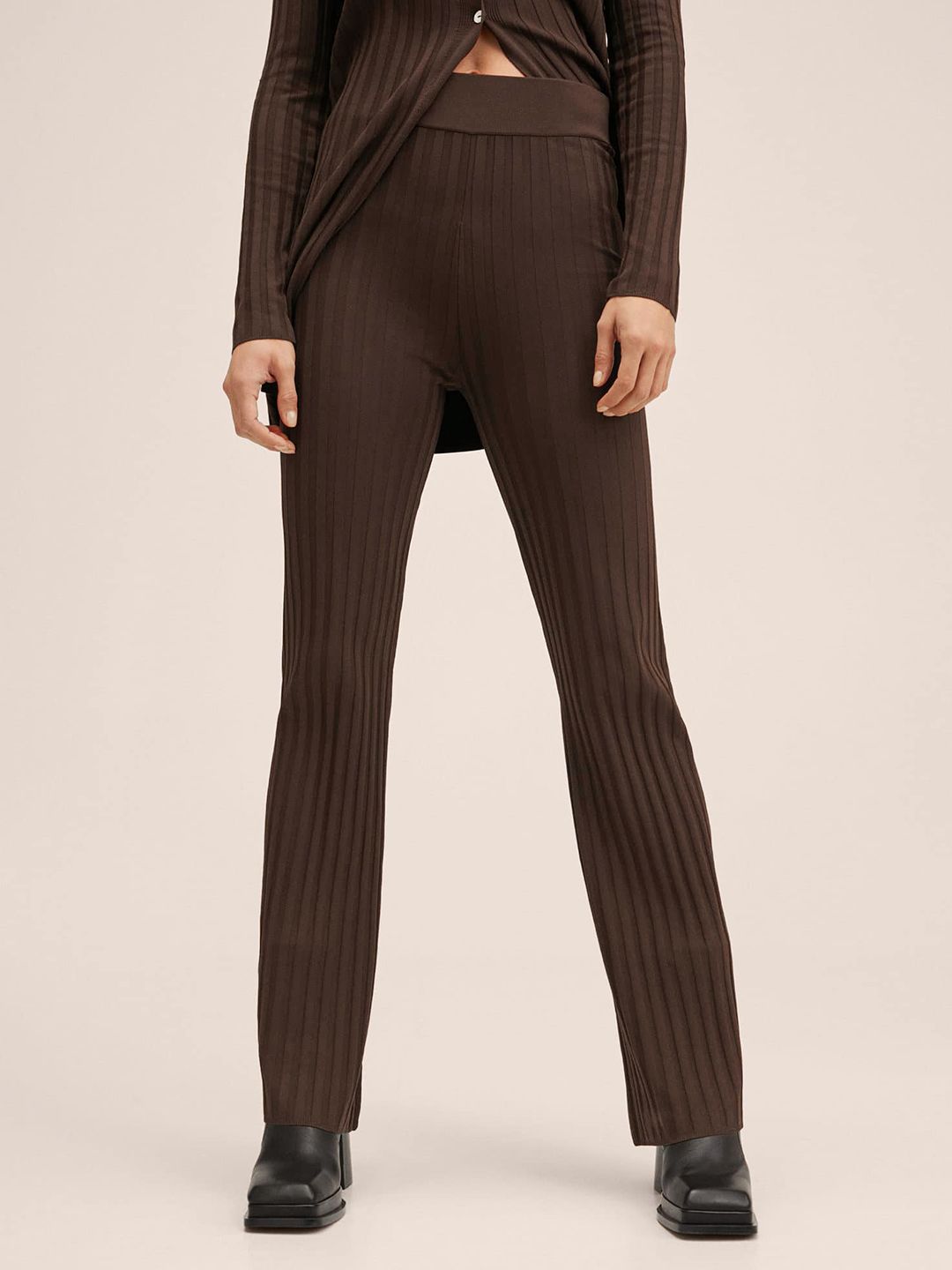 MANGO Women Brown Self Striped Trousers Price in India