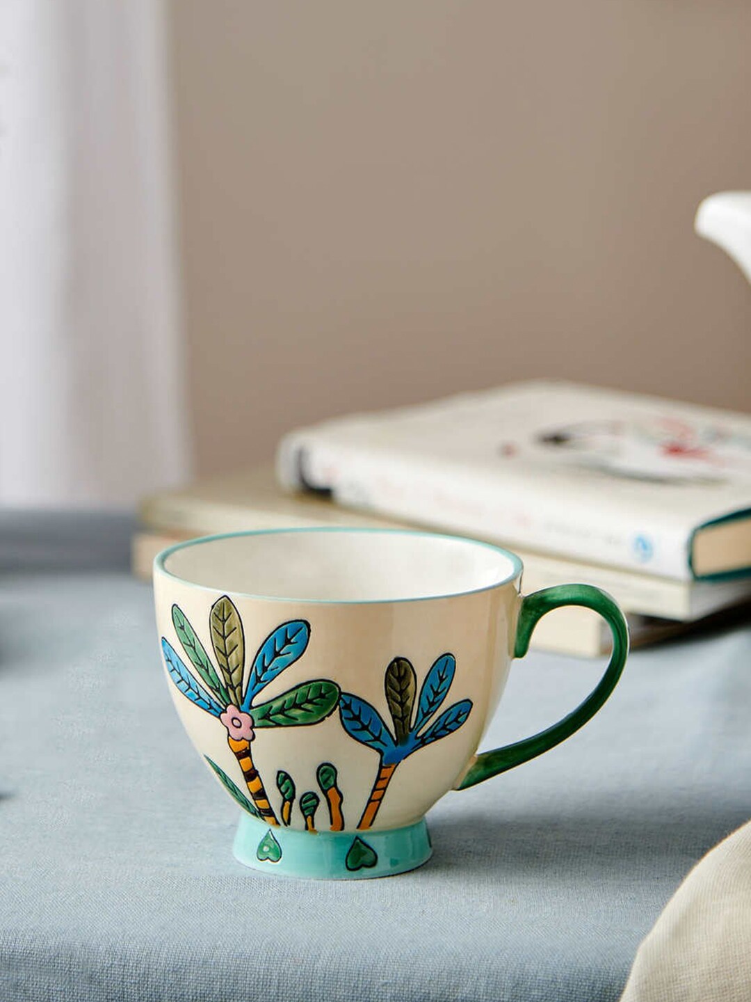 Chumbak Off White & Blue Floral Printed Ceramic Glossy Mug Price in India
