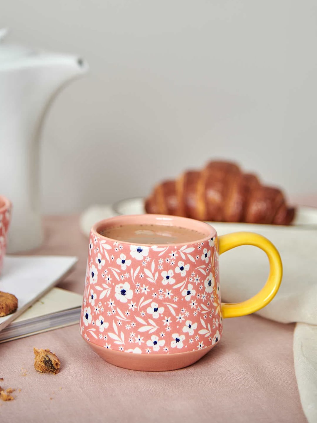 Chumbak Peach-Coloured & White Floral Printed Single Ceramic Glossy Mug Price in India