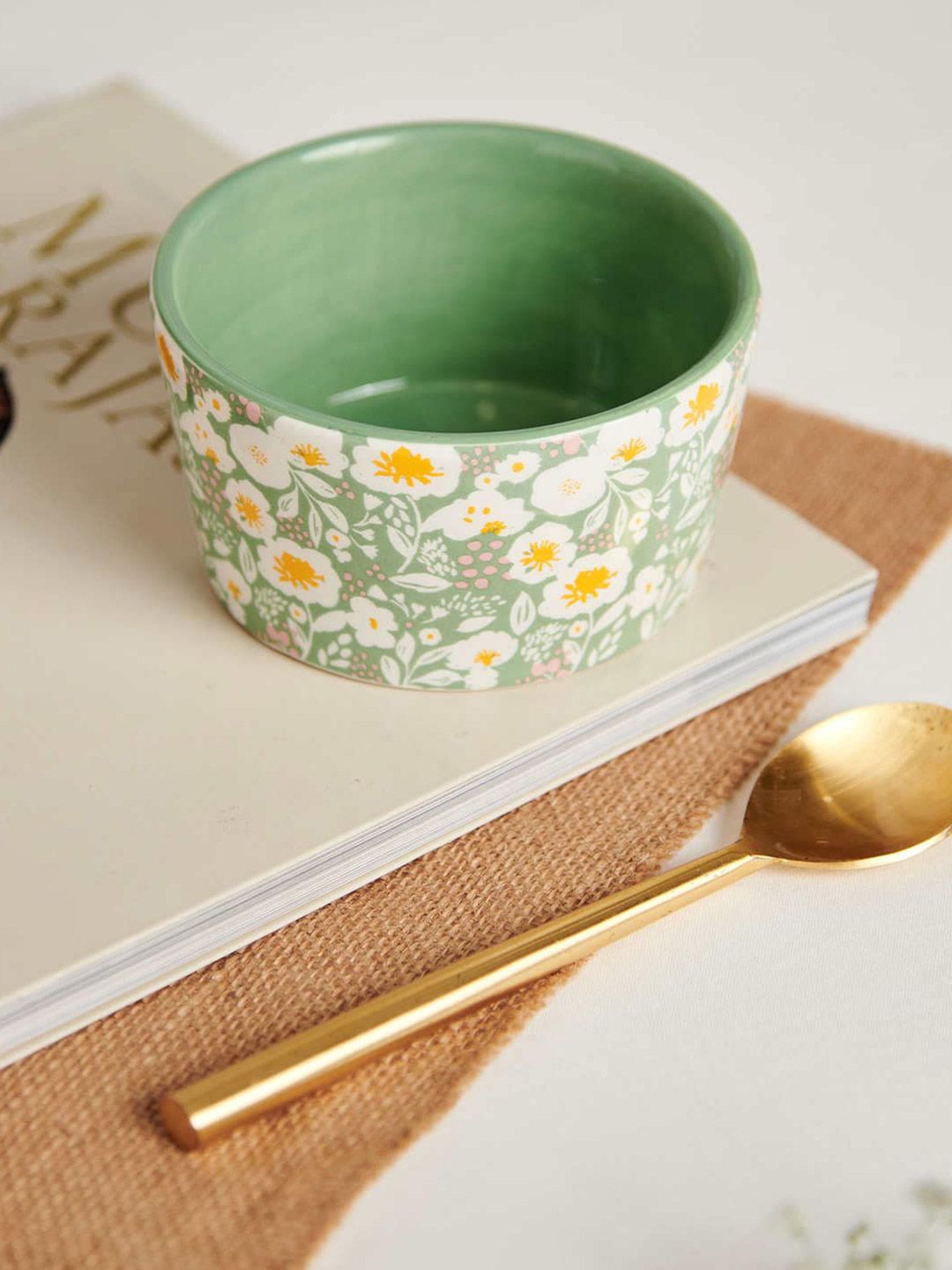 Chumbak Green & Yellow Floral Printed Ceramic Glossy Bowl Price in India