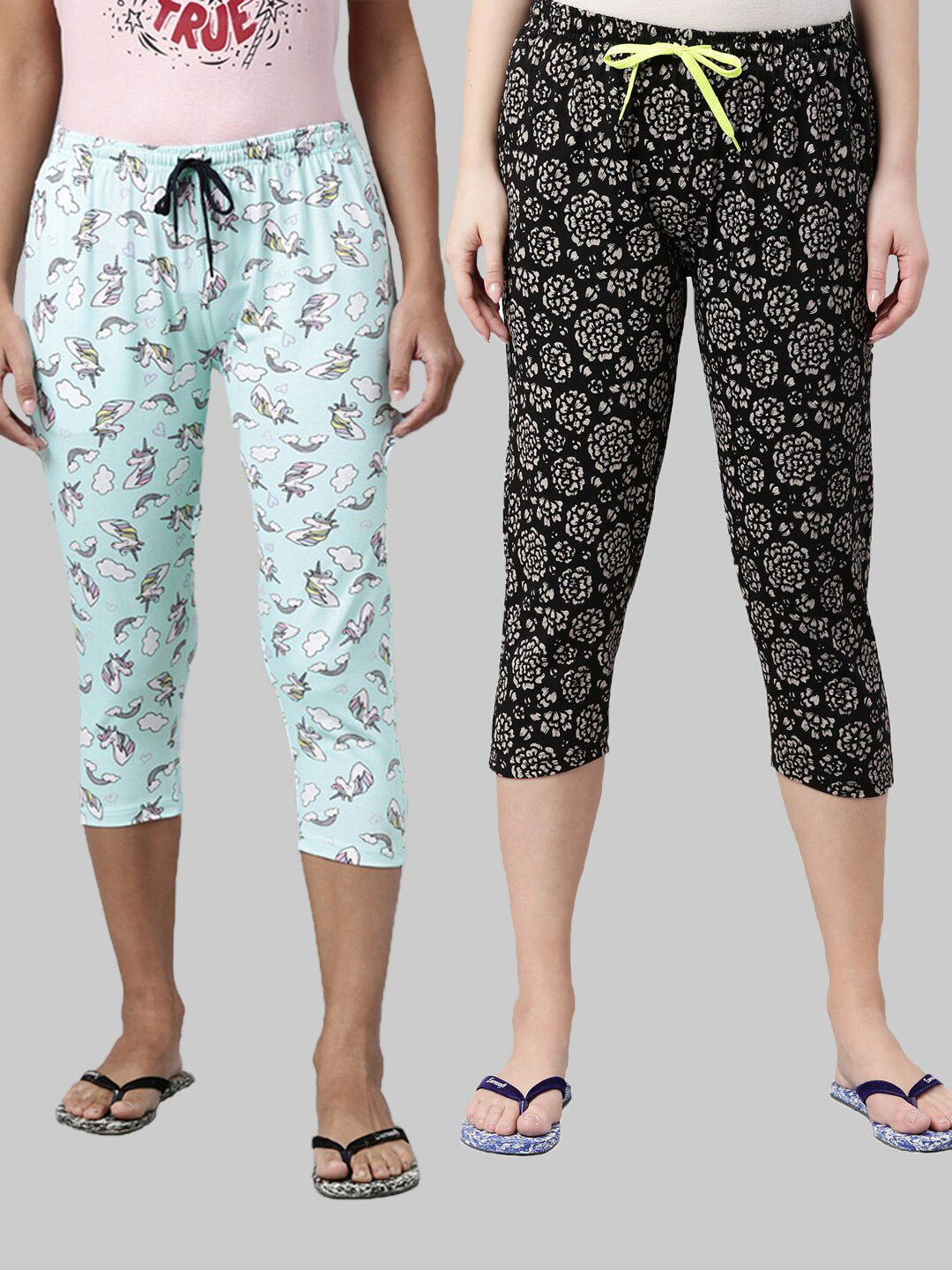 Kryptic Women Blue & Black Pack of 2 Printed Cotton Capri Lounge Pants Price in India