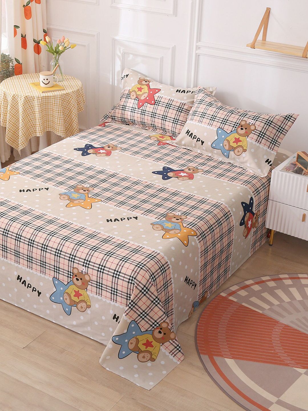 JC Collection Camel Brown & Yellow Cartoon Characters Pure Cotton 210 TC King Bedsheet Price in India