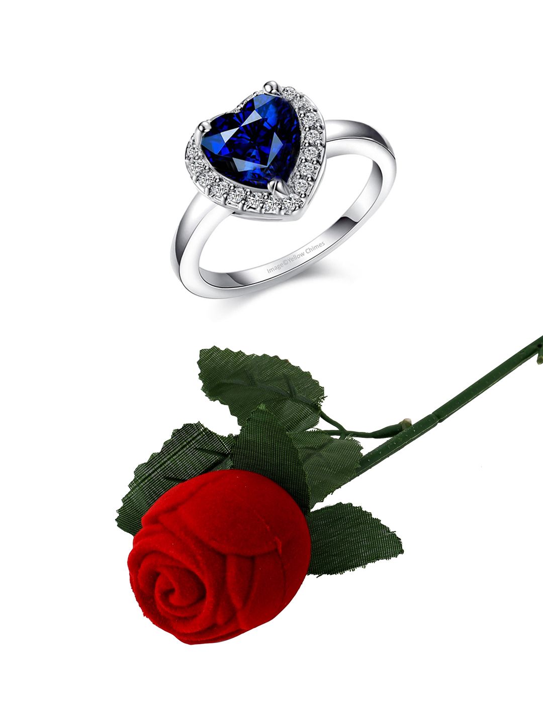 Yellow Chimes Set Of 2 Silver-Toned Blue & White Crystal Studded Finger Ring With Rose Ring Box Price in India