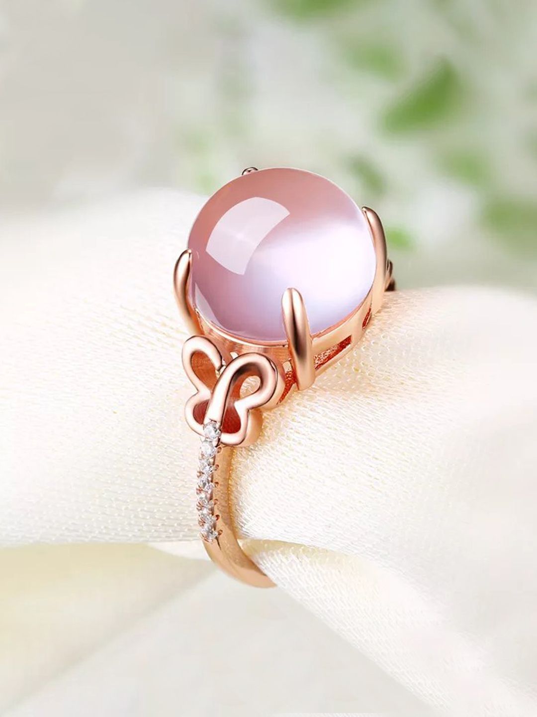 Yellow Chimes Pink Opal Cubic Zirconia Rose Gold-Plated Adjustable Ring Price in India